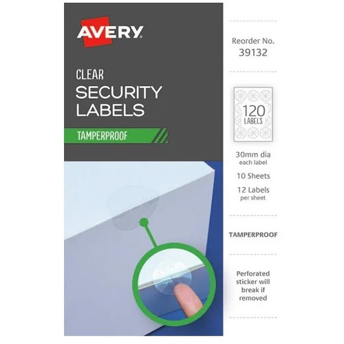 AVERY TAMPER PROOF LABELS 30MM 100 X 25MM 12UP, Pack of 10 Sheets (120 Labels)