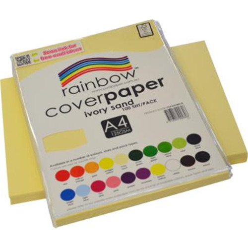 RAINBOW COVER PAPER 125GSM A4 Ivory Sand, Pack of 500 sheets (5 packs of 100)