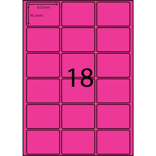 A4 PINK FLUORO LABELS 18 PER PAGE 63.5mm x 46.6mm PACK OF 100 SHEETS