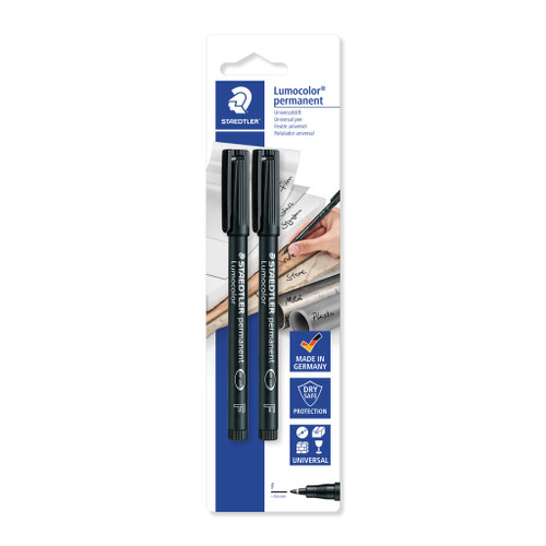 Staedtler 318 Lumocolor Permanent Fine 0.6mm Line Width Pens - Black, Card of 2