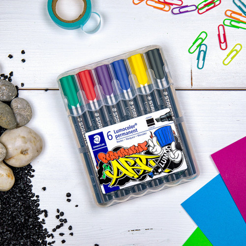 Staedtler 350 Lumocolor Permanent Marker Chisel, Wallet of 6 Assorted Art Colours