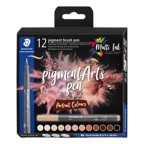 Staedtler 371 Pigment Arts Brush Pen, Portrait Colours, Pack of 12