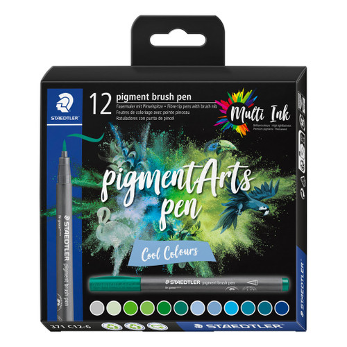 Staedtler 371 Pigment Arts Brush Pen, Cool Colours, Pack of 12
