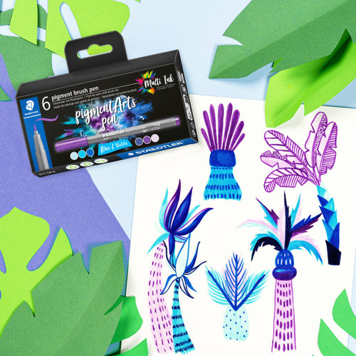 Staedtler 371 Pigment Arts Brush Pen, Blues & Violets, Pack of 6