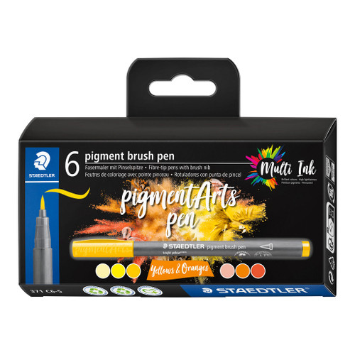 Staedtler 371 Pigment Arts Brush Pen, Yellows & Oranges, Pack of 6