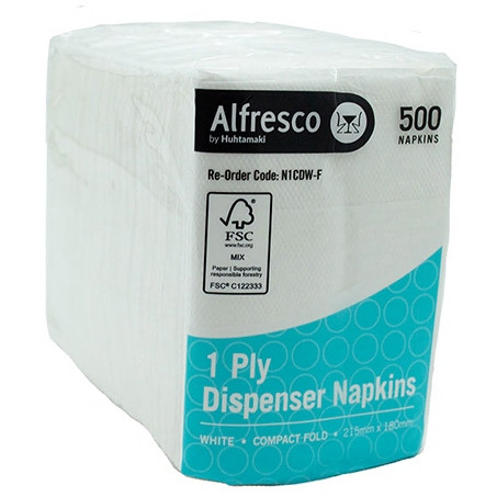Alfresco 1 Ply FSC Compact Dispenser Napkin 215 x 180mm - White, Pack of 500