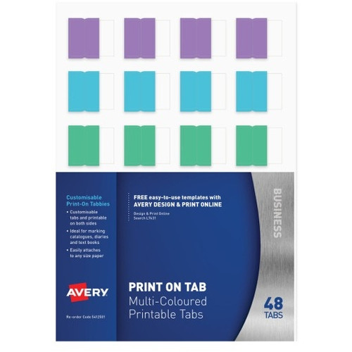 Avery Bright Multi-coloured Print-On Tabbies (L7421), Pack of 48