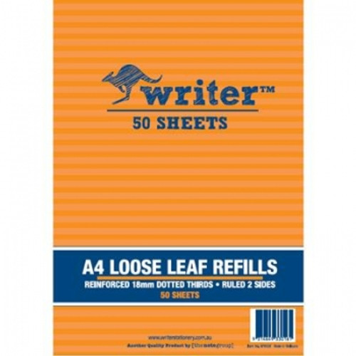 WRITER A4 Loose Leaf BINDER REFILLS Dotted Thirds 18mm 50Lf