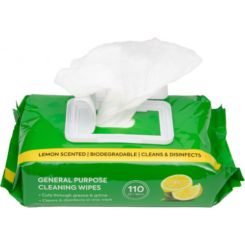 DISINFECTANT BIOGRADABLE WIPES 20 X 16CM. 110 WIPES/PACK Lemon Scent