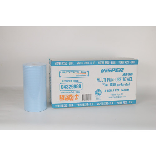 Visper RS50 Multi-Purpose Perforated Industrial Towel Blue 25cm x 70m, Roll of 140 Sheets