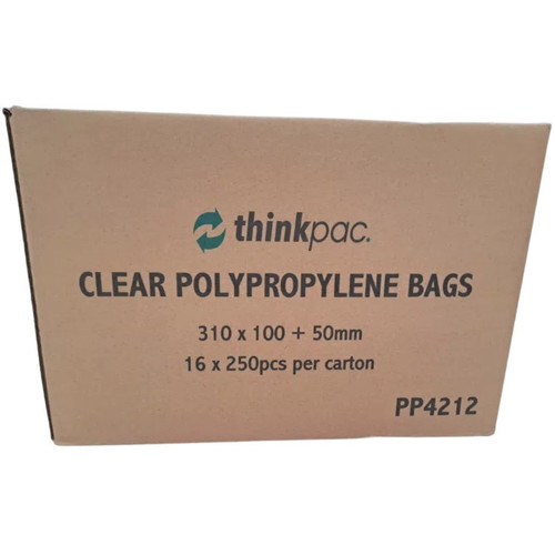 Clear Polypropylene Bags 310 x 100 + 50mm, Carton of 16 Packs