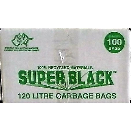 RUBBISH BAGS SUPER BLACK 120ltr Black 100% Recycled Heavy Duty Box of 100 *** Super Black Brand Green Print ***