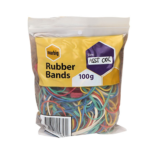 MARBIG RUBBER BANDS COLOURED ASSORTED 100G ASSORTED SIZES & COLOURS 100G
