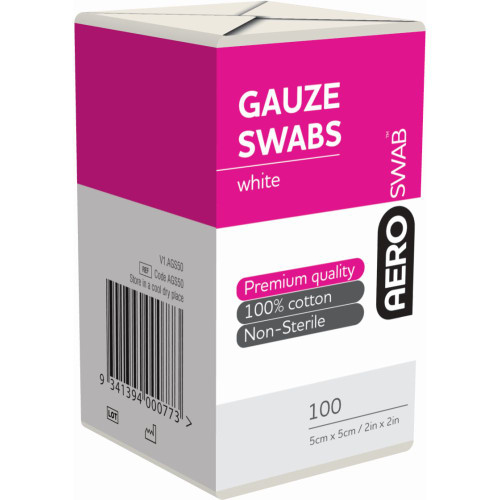 AEROSWAB Non-Sterile White Gauze Swab 5 x 5cm, Pack of 100 (8PLY)
