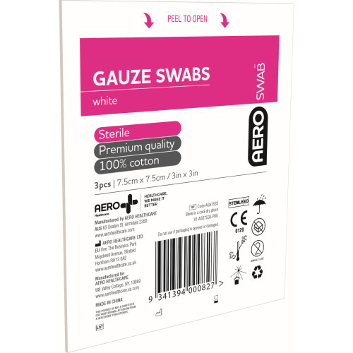AEROSWAB Sterile White Gauze Swab 7.5 x 7.5cm, Pack of 3
