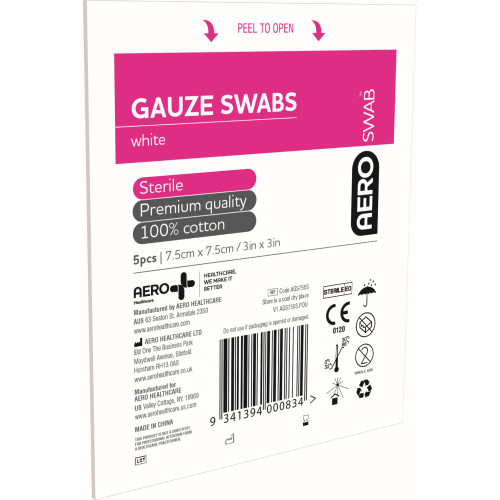 AEROSWAB Sterile White Gauze Swab 7.5 x 7.5cm, Pack of 5
