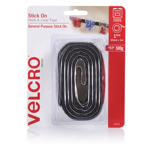 Velcro Stick On Hook & Loop Tape 25mm x 1m Black, Each