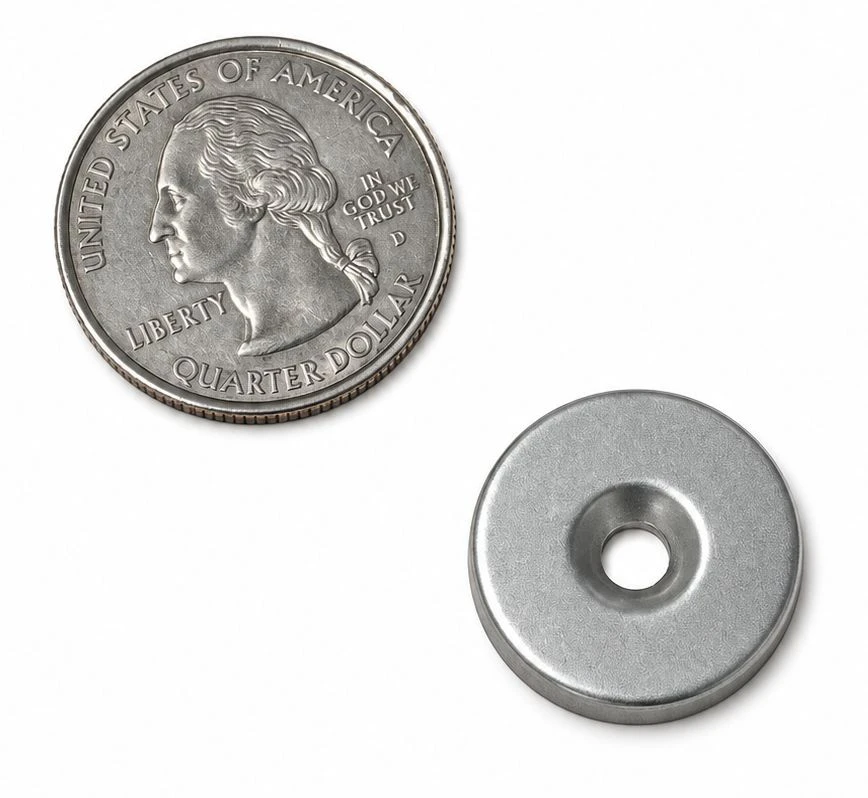 N52 3/4 x 1/8 Inch Neodymium Magnet Encased in Protective Steel - Shatter-Resistant Screw-Mount Magnet