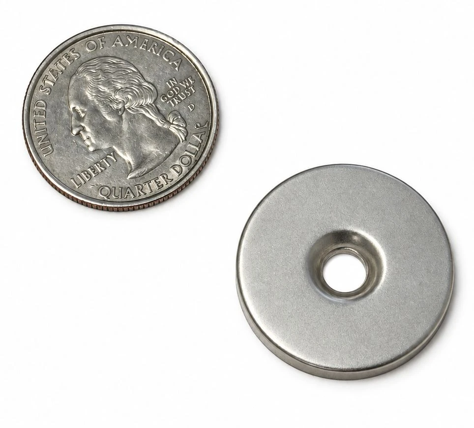 N52 1 x 1/8 Inch Neodymium Magnet Encased in Protective Steel - Shatter-Resistant Screw-Mount Magnet