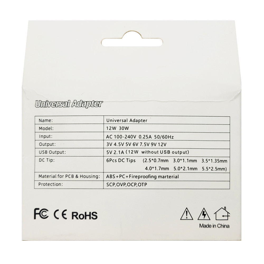 CV016, Universal AC/DC Adapter 30W with 6 Plugs, USB Port 2.1A