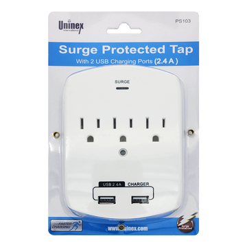 PS103, 3 Outlet Surge Protected Tap with 2 USB Charging Ports (2.4A)