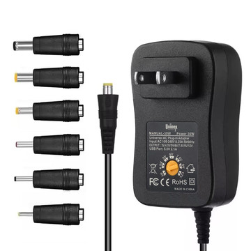 CV016, Universal AC/DC Adapter 30W with 6 Plugs, USB Port 2.1A