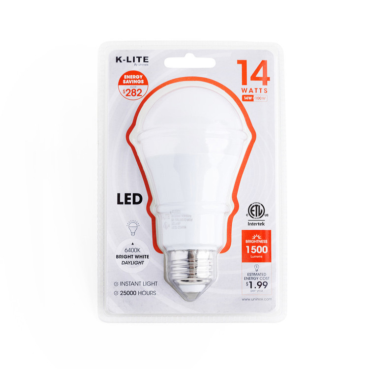 KL0053, LED Light Bulb Medium Base 14W Bright White Daylight 6400K ETL