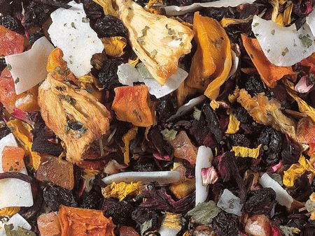 <p>Large, firm, natural coconut chips, pineapple flakes and exotic mango  and papaya pieces determine the striking combination of this blend.  Freeze-dried, light yoghurt granules and yellow sunflower blossoms are  further eye catchers. A special combination of exotic fruit flavours  complement the fruit nuances perfectly.</p>




<p><br /></p>




<p>Ingredients: Currants, hibiscus blossoms, papaya cubes, elderberries,  pineapple flakes , mango flakes, papaya flakes, coconut flakes,  flavouring, freeze-dried yoghurt granules (<em><strong>skimmed milk yogurt</strong></em>),  wild strawberry leaves, sunflower blossoms, blackcurrants, blueberries.</p>




<p>Drink when:  Having Fun....</p>




<p>Your item will be packed in new recycled tin tie bags suitable for packaging coffee and leaf tea. Our block bottom tin tie bags are poly-lined and food grade safe.</p>