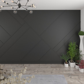 Skirting World Geometric MDF Wall Panelling Kit, black decorative wall panels with geometric patterns in a modern interior design setting.