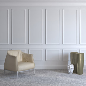 Skirting World Classic MDF Wall Panelling Kit, installed on a wall with decorative molding, in a modern interior with a beige chair and artistic vases.