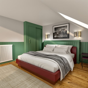 Skirting World Greenwich Tongue & Groove MDF Half Wall Panelling Kit, installed on bedroom walls and headboard area with modern design, green and natural wood finish.