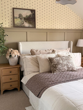 Skirting World Shaker MDF Half Wall Panelling Kit, installed on bedroom wall above bed with headboard, creating a decorative and modern wall feature.