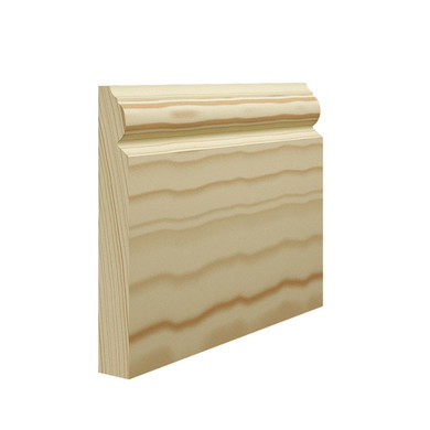 Skirting World 324 Pine Skirting Board, beige wooden skirting board with a decorative rounded top edge and natural wood grain texture.