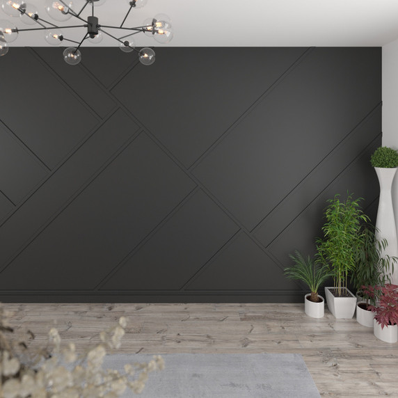 Skirting World Geometric MDF Wall Panelling Kit, black decorative wall panels with geometric patterns in a modern interior design setting.
