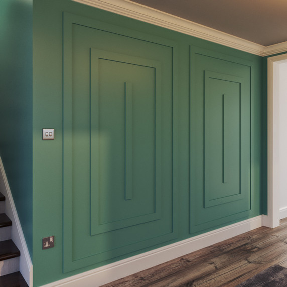 Skirting World Oslo Decorative MDF Wall Panelling Kit, green wall paneling with geometric detailing.