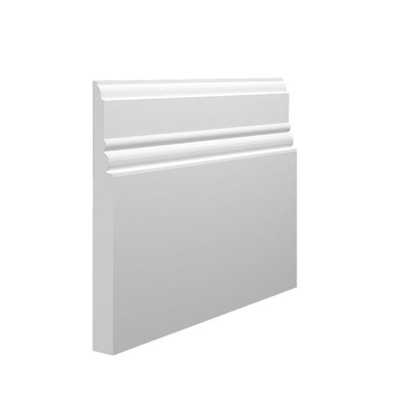 Skirting World Antique 2 MDF Skirting Board, a white decorative baseboard with ornate detailing, ideal for enhancing interior walls.