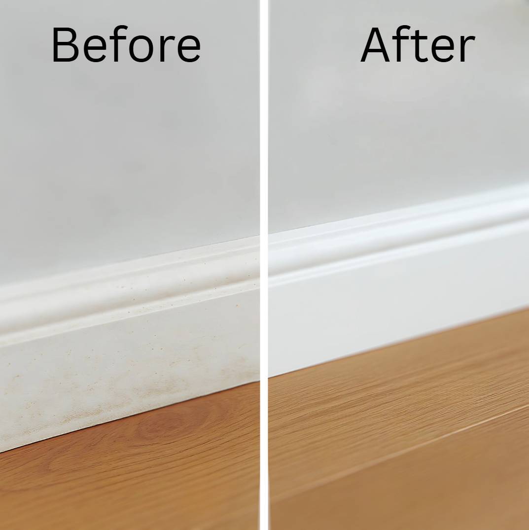Side-by-side before-and-after comparison showing a dirty skirting board transformed into a spotless, bright white finish