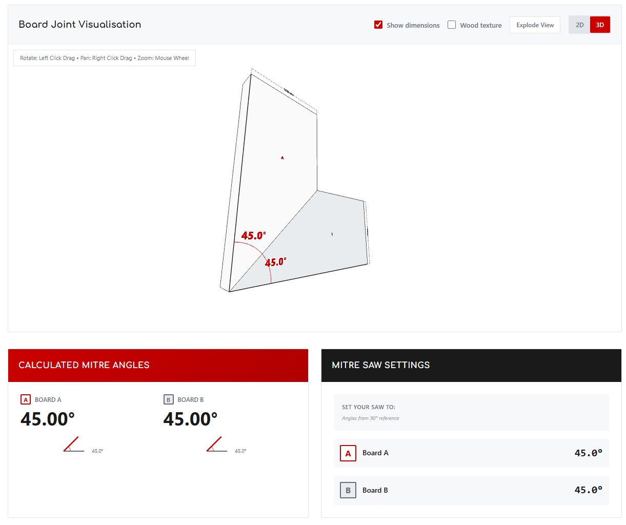 Desktop mitre angle calculator — equal boards at 90° Mitre angle calculator on desktop calculating 45° mitres for a 90° corner