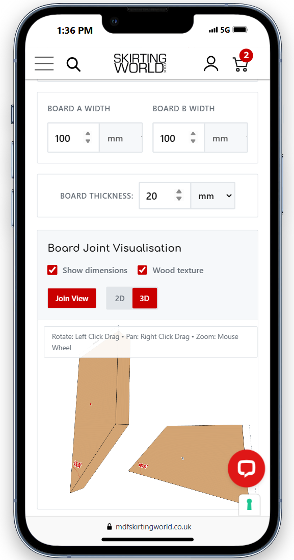 3D wood texture mode — angle arcs and dimensions Mitre angle calculation with wood texture visualisation and dimension overlays (3D mode)