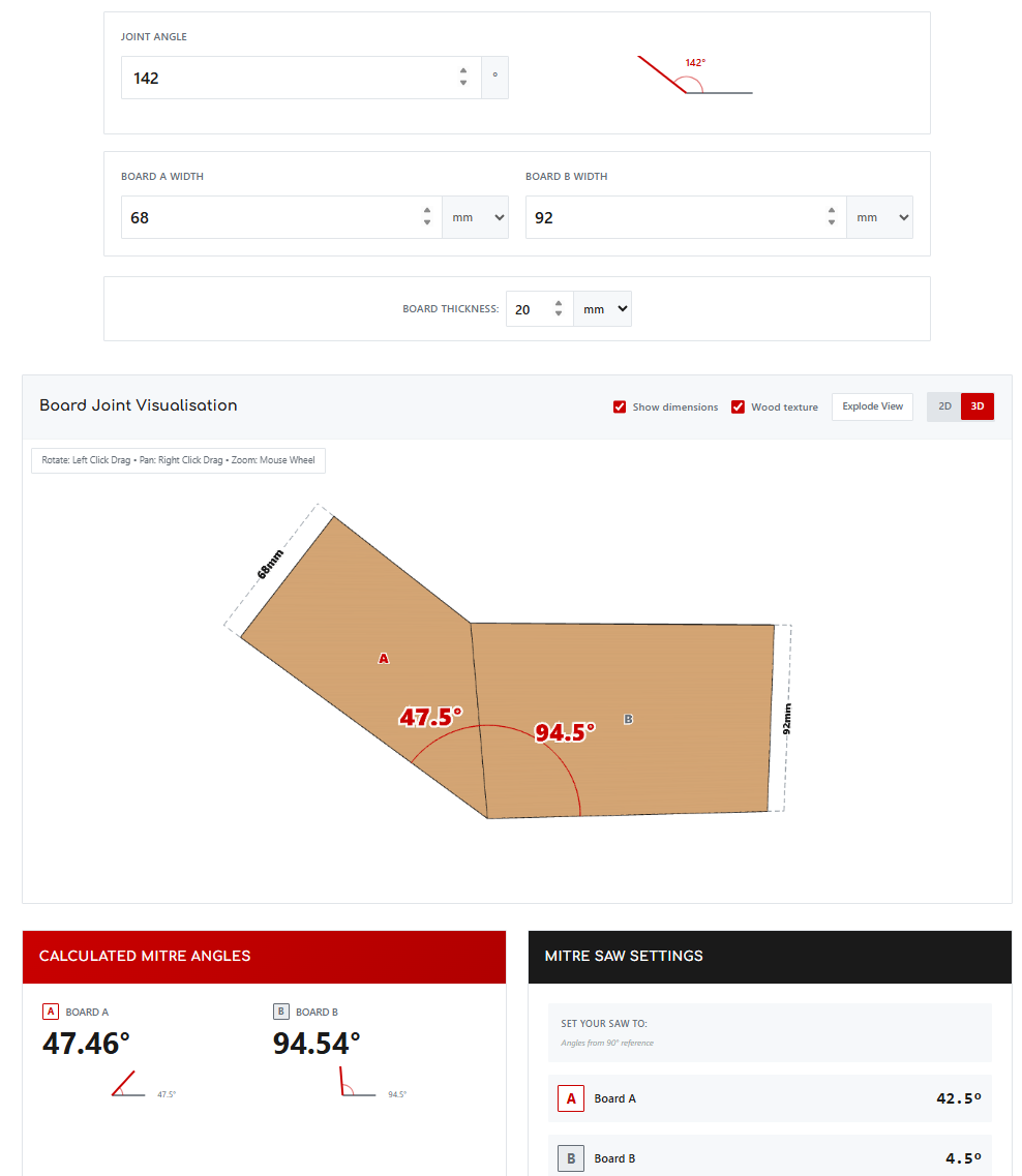 Desktop interface — 2D plan view & results Desktop interface of the mitre angle calculator showing 2D plan view, board angles and saw setting results
