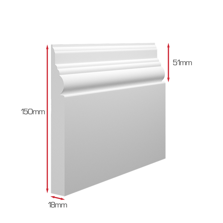 Antique Skirting Board in MDF (Antique 1 Profile) - Standard Height, Thickness & Profile Size Diagram