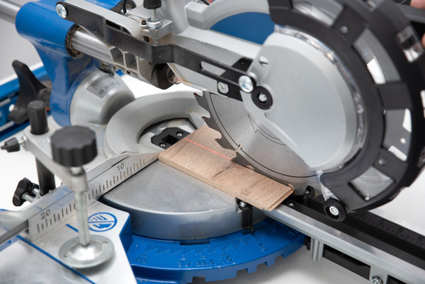 Professional mitre saw set up for angled cuts