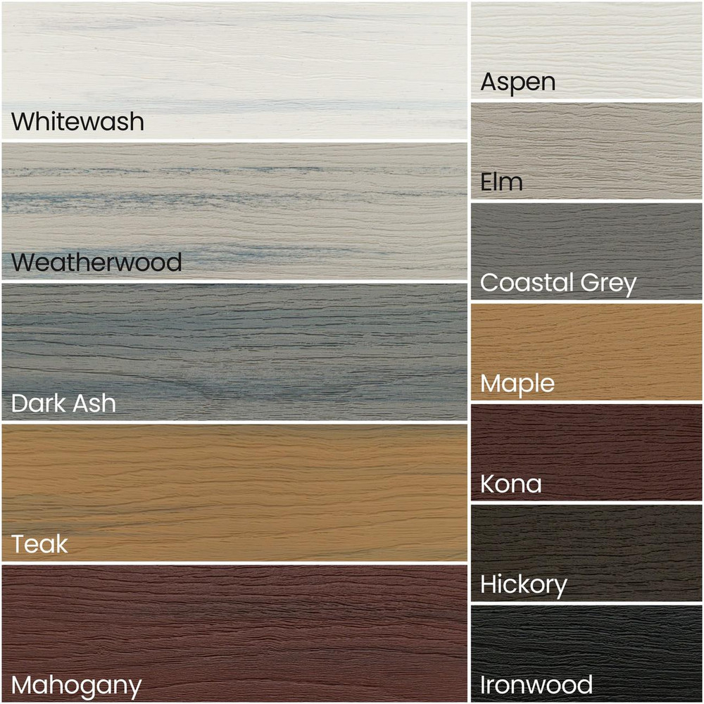 This color chart displays the range of color variations within the TimberLine product line. The variegated colors are arranged on the left, and the solid colors are on the right. Colors may different slightly due to monitor variations.
