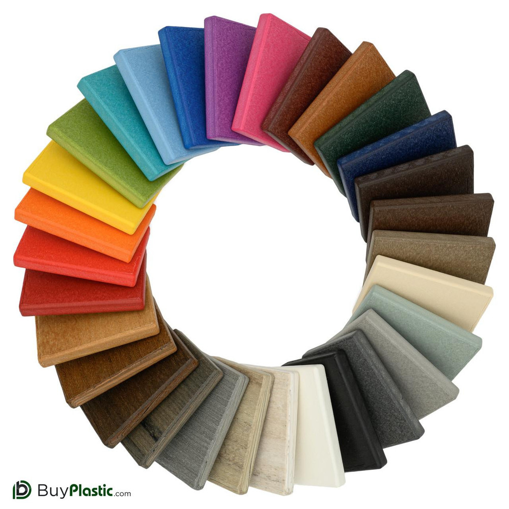 A vibrant collection of BuyPlastic poly lumber sample swatches arranged in a circle, displaying the rich and varied color palette offered for your projects.