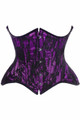 image of a purple satin with black lace overlay underbust steel boned corset with front busk  on a white background