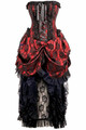 red satin and black lace sleeveless victorian corset dress with lace up front and bustle stlye skirt
