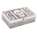 silver tin rectangular latched box with engraved floral motifs and a venter skull