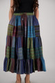 blue, green and purple patchwork maxi skirt with drawstring waist and side pockets