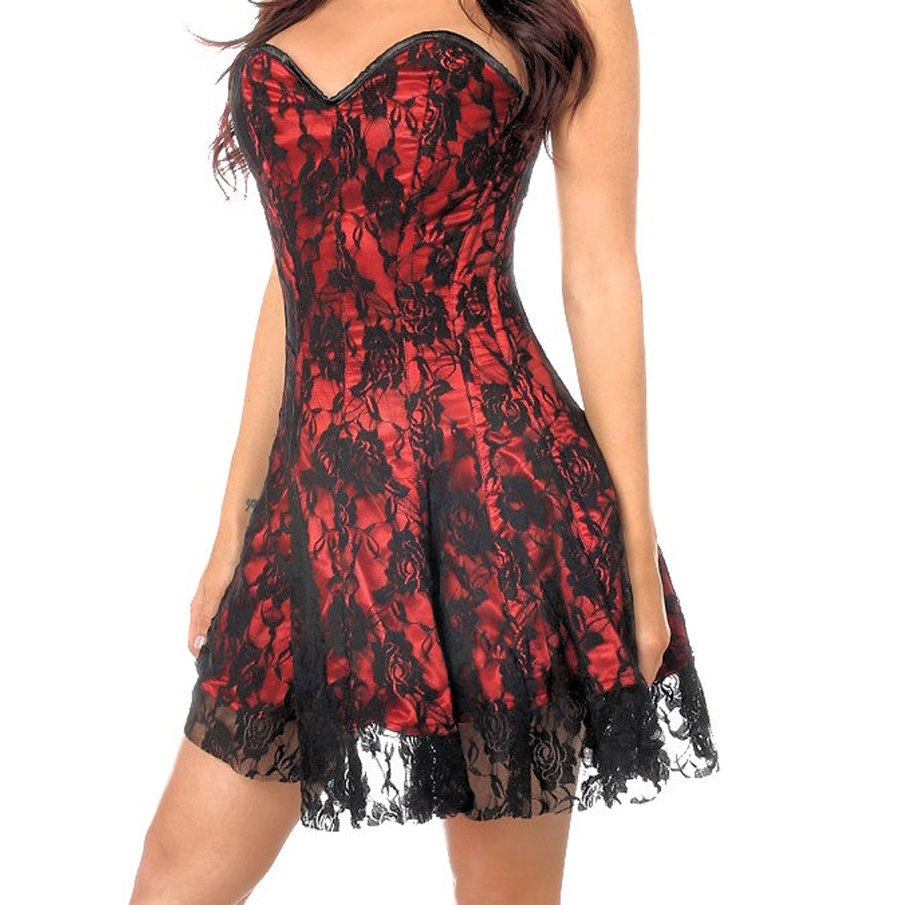 Red satin lace up corset Dress