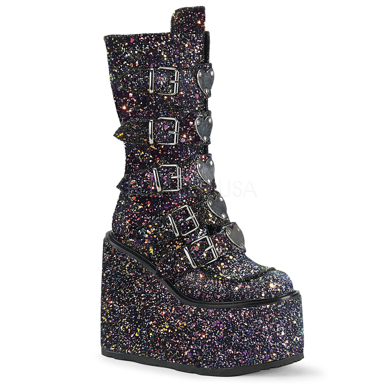 Black Glitter wedge buckle platform boots